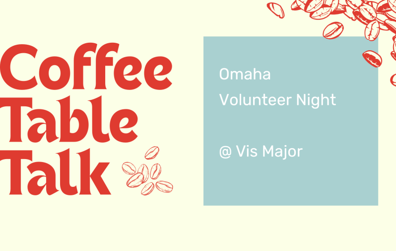 Text reads "Coffee Table Talk. Omaha Volunteer Night @ Vis Major"